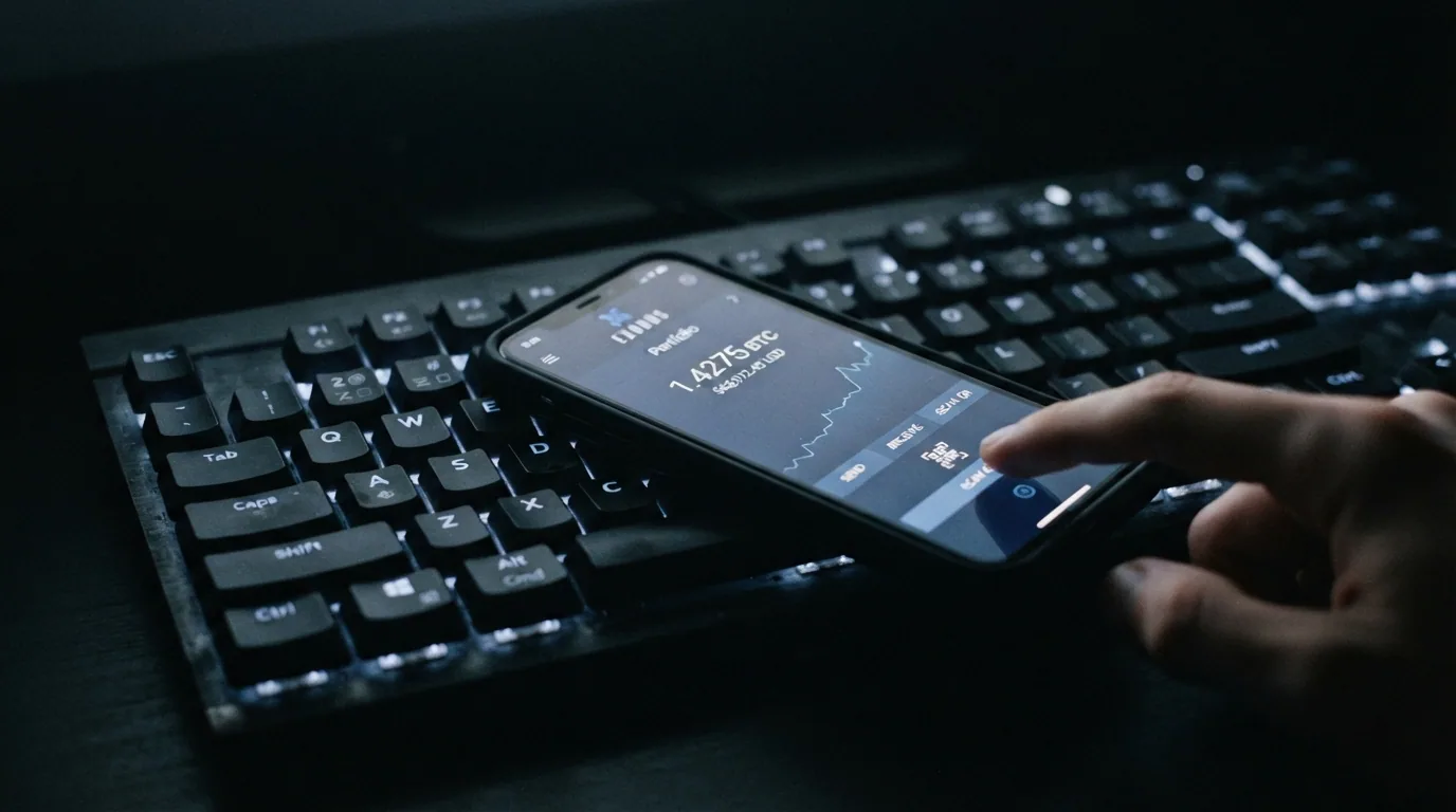Un teclado iluminado con la pantalla de un monedero de criptomonedas reflejada, sobre un fondo oscuro que contrasta con el brillo de la pantalla