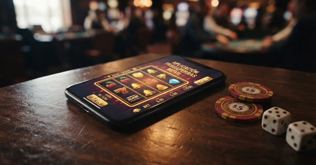 Un teléfono móvil mostrando una app de casino con varias tragaperras en la pantalla, junto a un dado y fichas de casino sobre una mesa