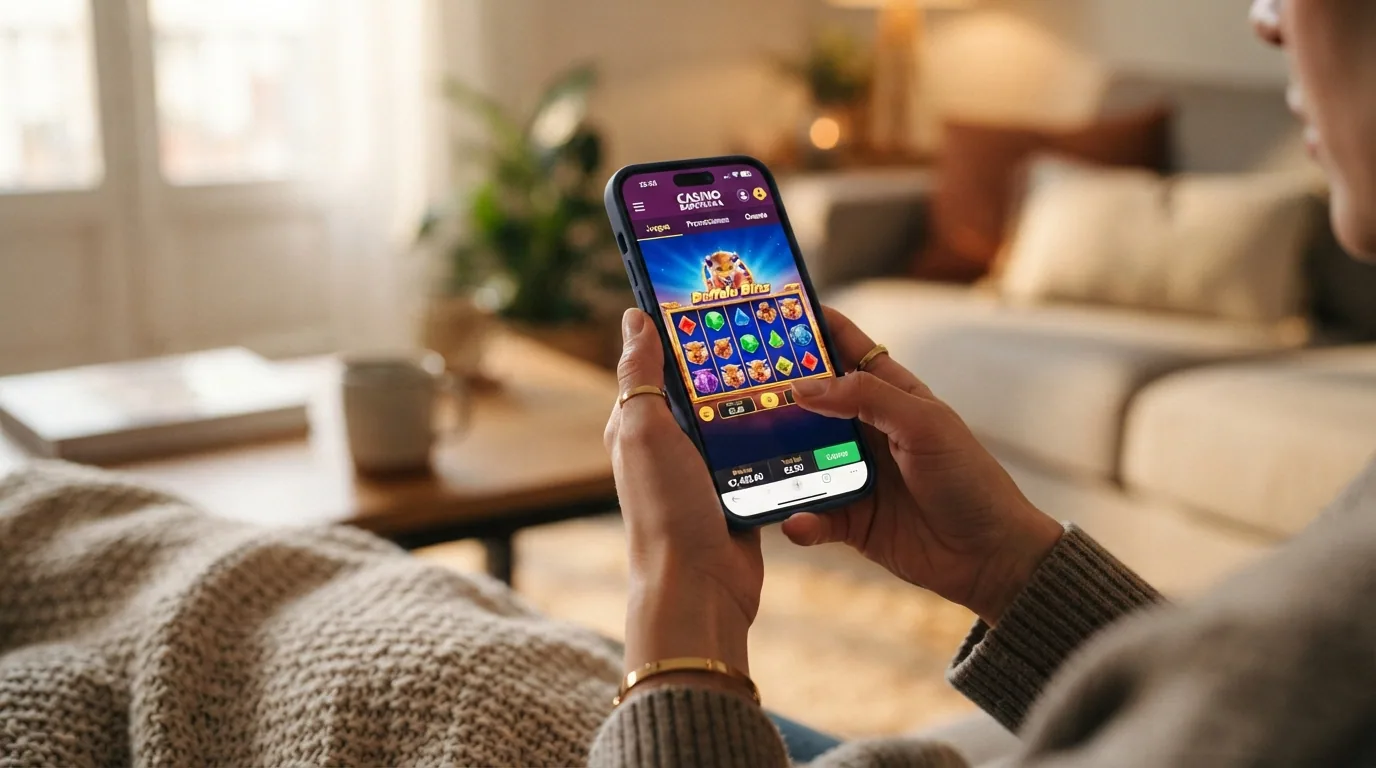 Un teléfono mostrando la pantalla de la app de Casino Barcelona junto a la ficha de la tienda Google Play y Apple App Store