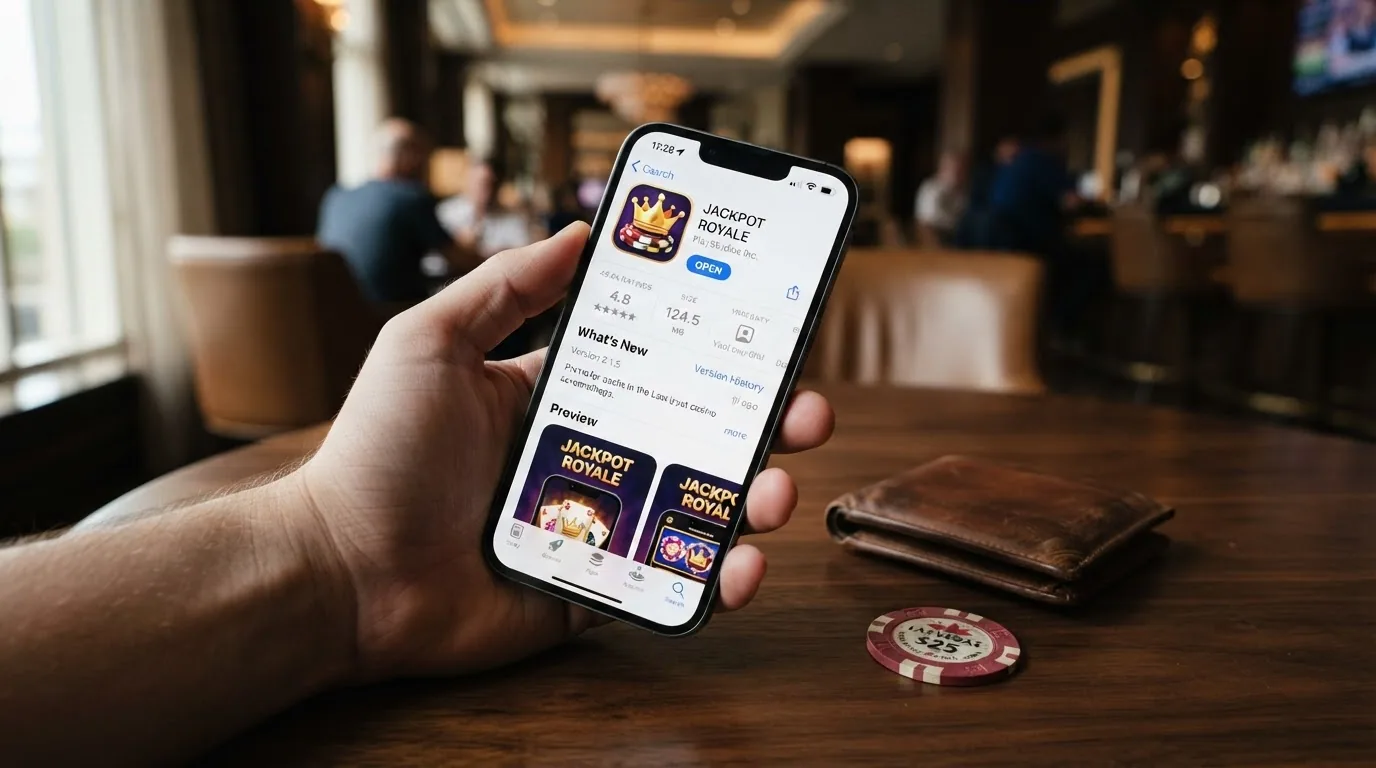 La pantalla de un iPhone mostrando la App Store abierta en la ficha de un casino, con el botón de descarga, la valoración en estrellas y el tamaño de la app visibles