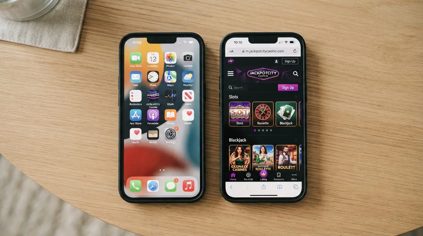 Dos teléfonos móviles uno junto al otro: el de la izquierda muestra el icono de una app de casino descargada en la pantalla de inicio, el de la derecha muestra el mismo casino abierto en el navegador del móvil