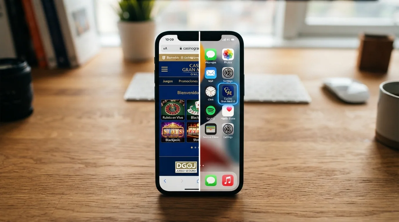 Un mismo teléfono dividido por la mitad: a la izquierda, el navegador móvil con un casino en HTML5; a la derecha, el icono de la app nativa del mismo operador en la pantalla de inicio
