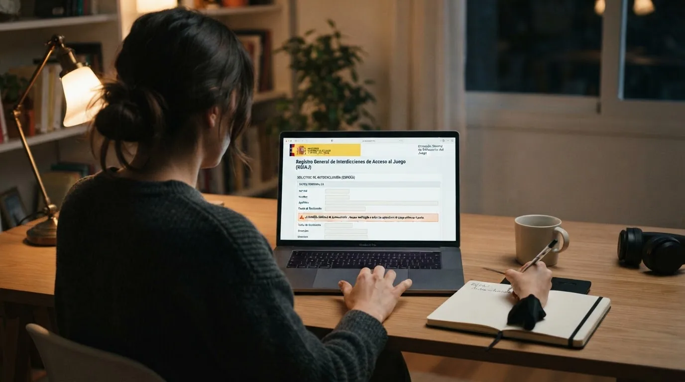Pantalla del portal de juego responsable de la DGOJ con el formulario de inscripción al RGIAJ parcialmente visible y el texto «Acceso restringido» sobre el fondo de un casino online difuminado.