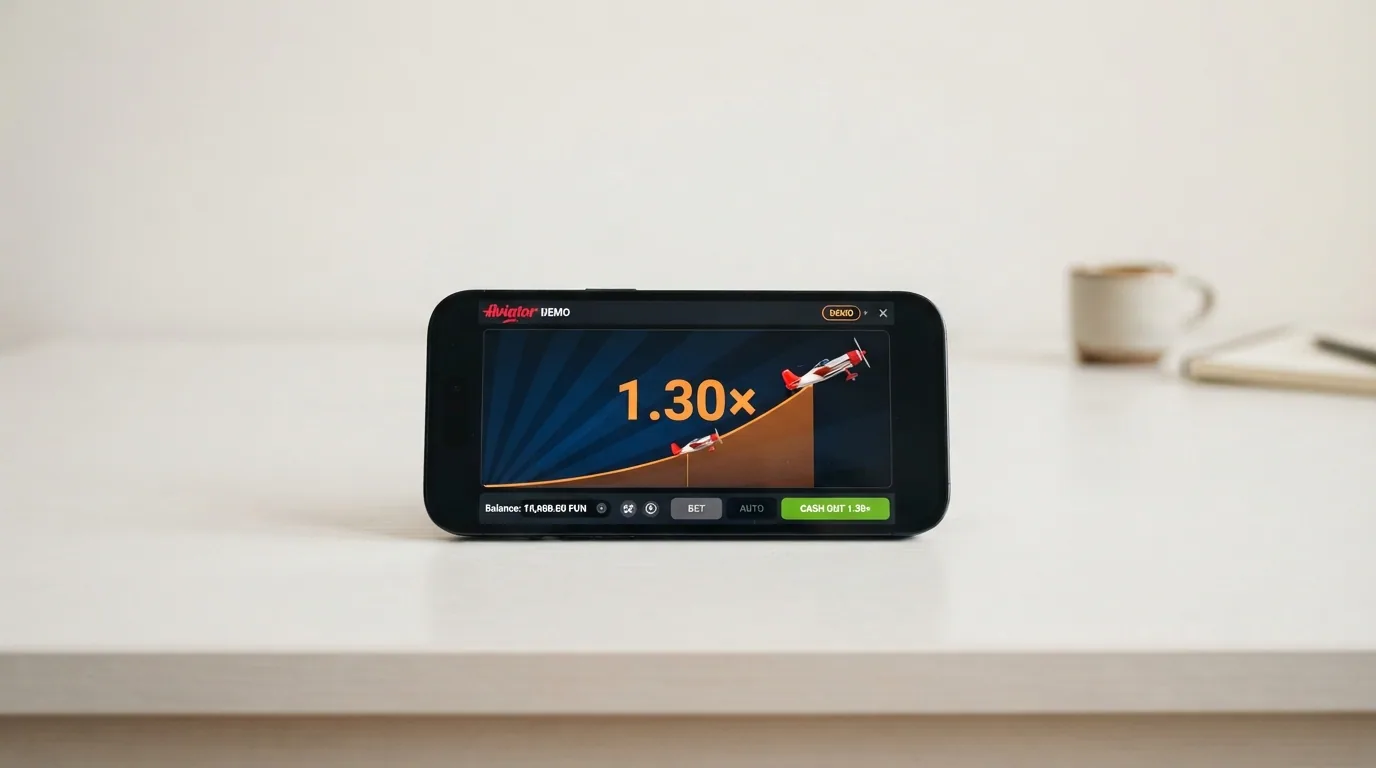 Pantalla del modo demo de Aviator con el saldo virtual visible y el botón de apostar activo