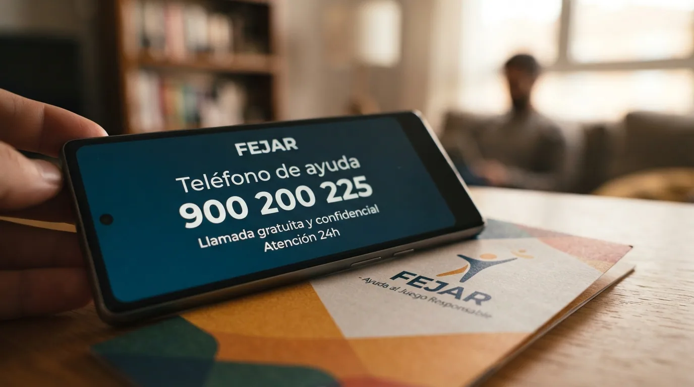 Primer plano de un teléfono móvil con el número 900 200 225 en pantalla, apoyado sobre un folleto de FEJAR