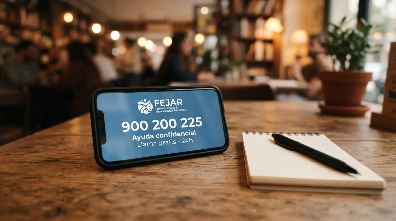 Teléfono móvil mostrando una llamada al 900 200 225 junto al logotipo de FEJAR (Federación Española de Jugadores de Azar Rehabilitados) sobre un fondo verde que transmite accesibilidad y confidencialidad.