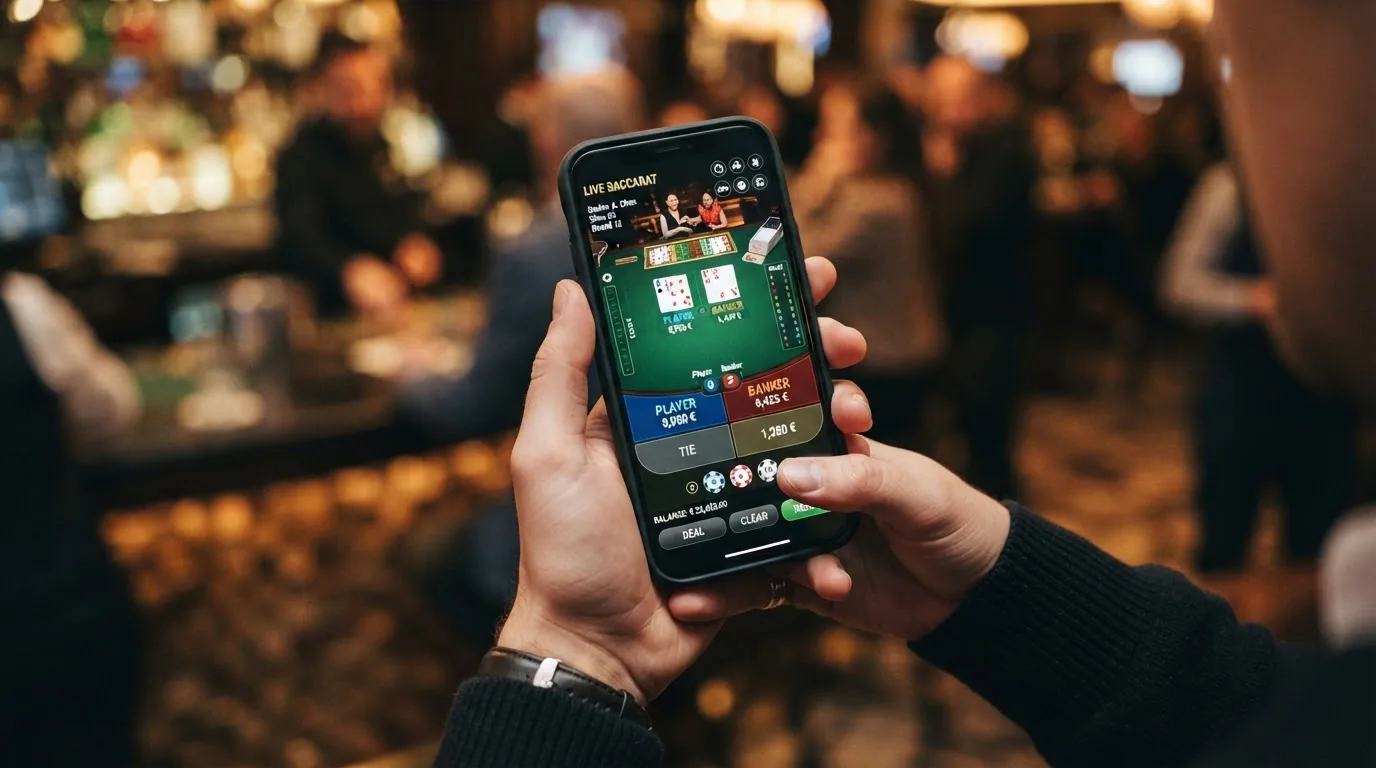 Mano sosteniendo un teléfono móvil con una mesa de baccarat online en el navegador y fichas en pantalla