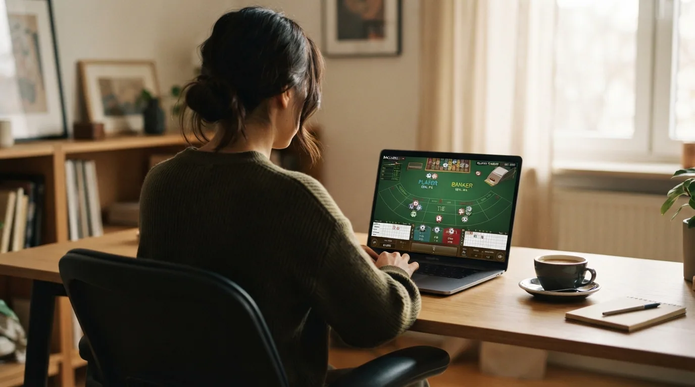 Jugador sentado frente a un ordenador con una mesa de baccarat online en pantalla y un café al lado