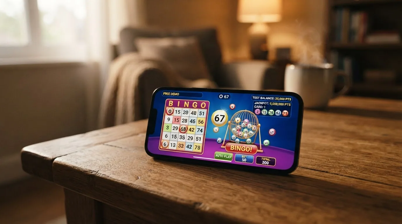 Pantalla de un juego de video bingo en modo demo con fichas virtuales y saldo de prueba visible