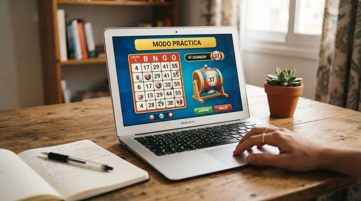 Interfaz de un bingo online en modo demo con saldo ficticio, el indicador de «modo práctica» y los cartones en pantalla