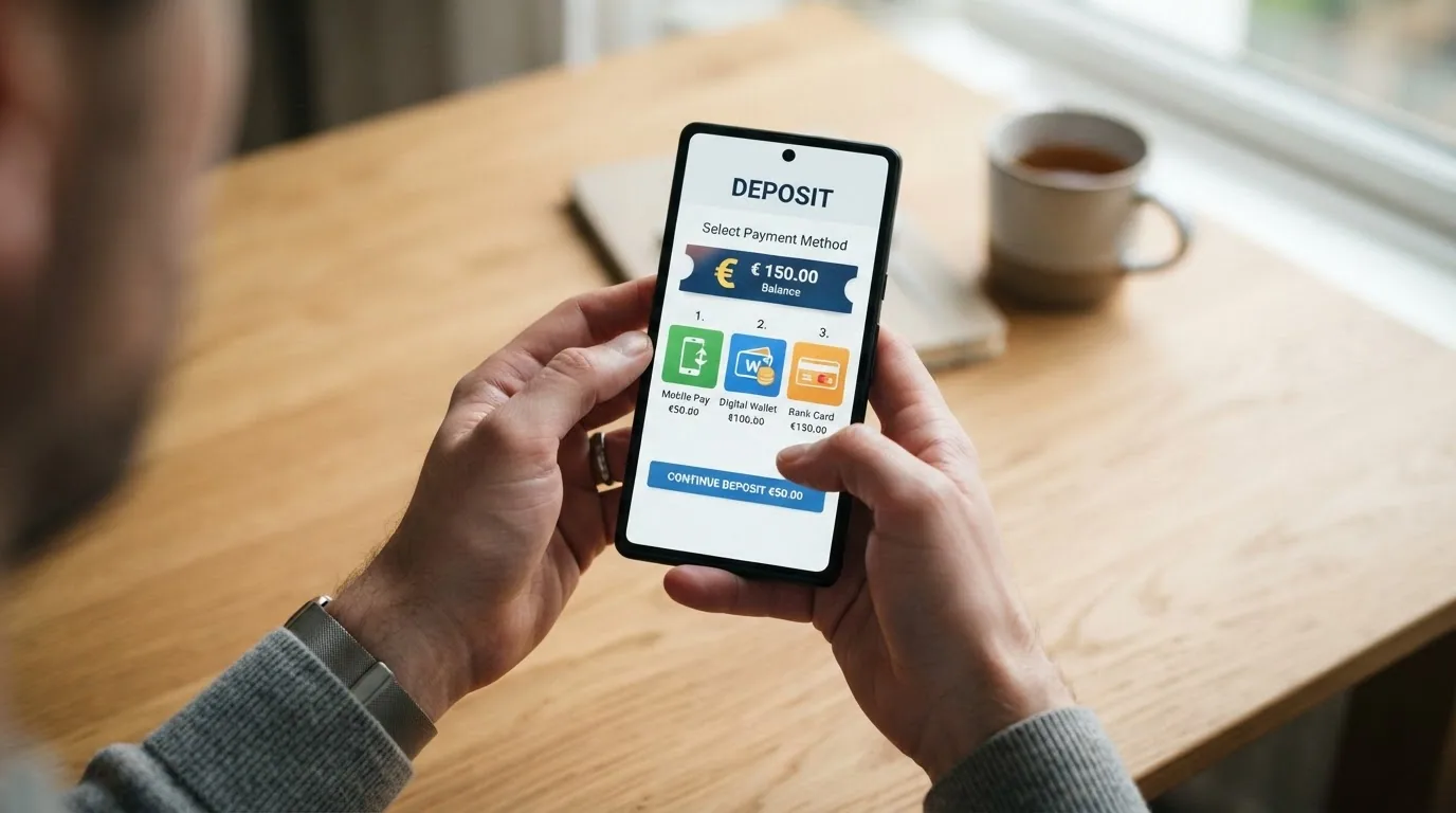 Una pantalla de depósito en un casino online con los iconos de Bizum, PayPal y tarjeta bancaria como opciones