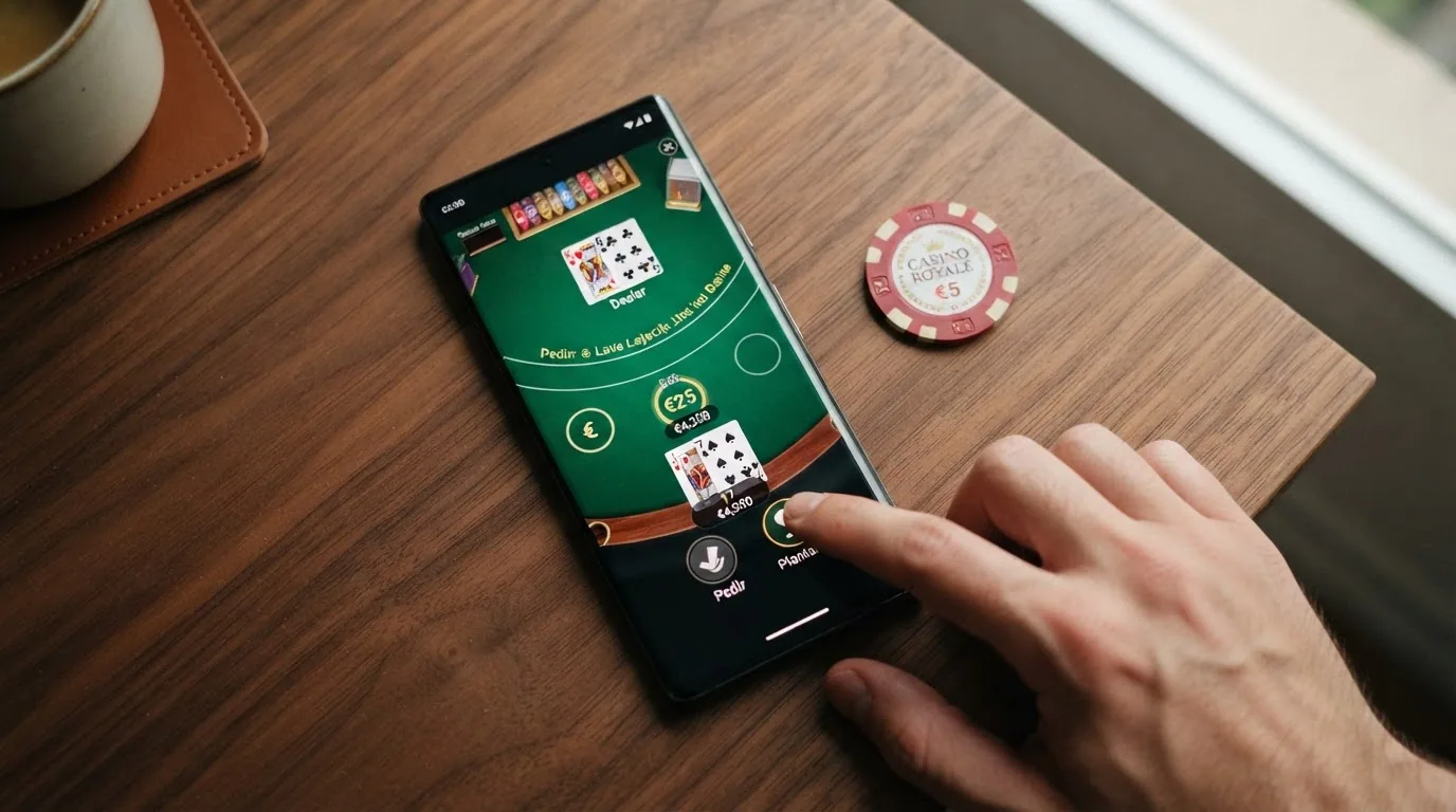 Un teléfono móvil mostrando una mesa de blackjack online con la interfaz de apuestas adaptada a pantalla táctil