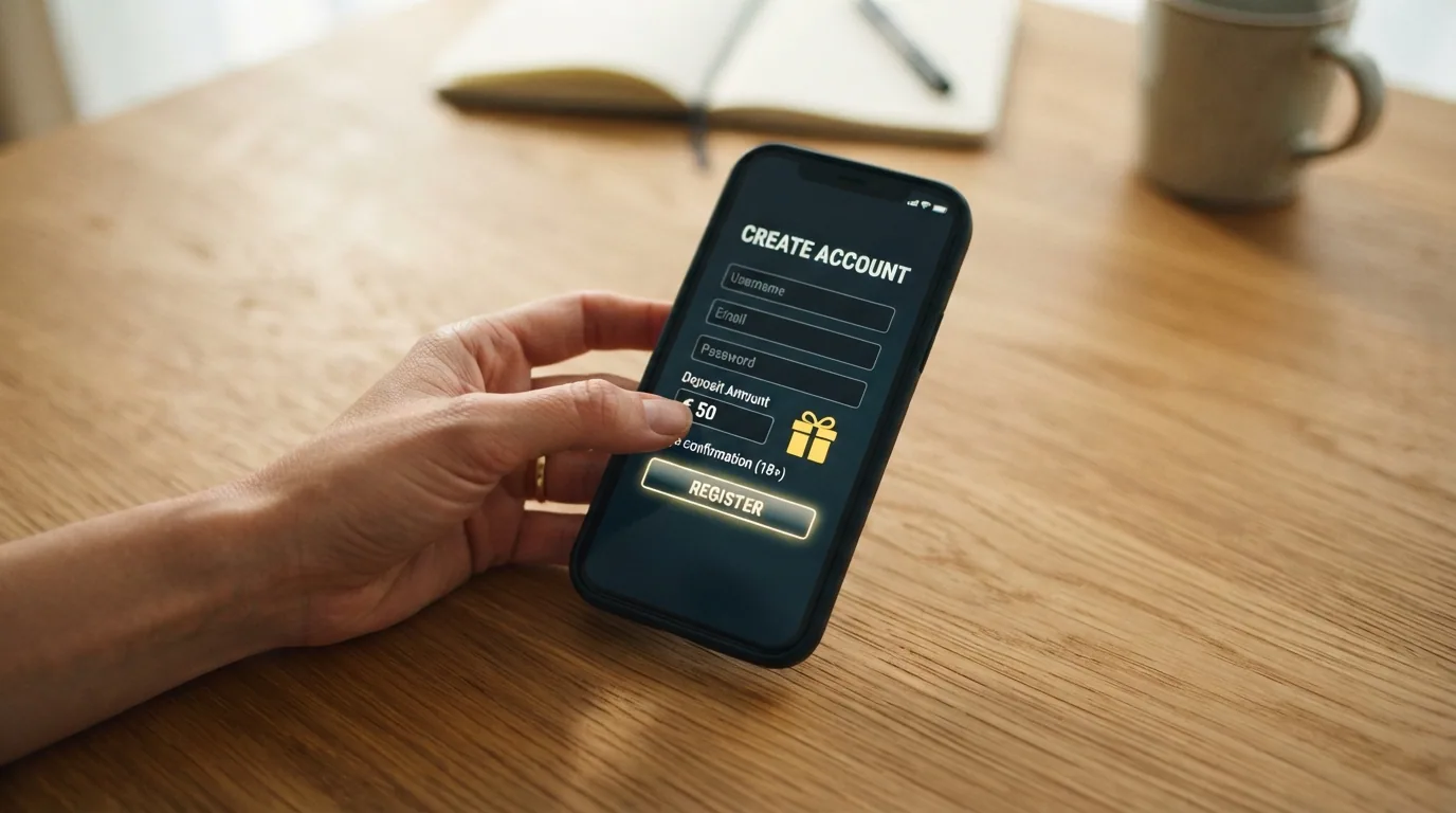 Primer plano de una mano sosteniendo un móvil con la pantalla de registro de un casino, el campo de depósito visible y un icono de regalo junto al importe