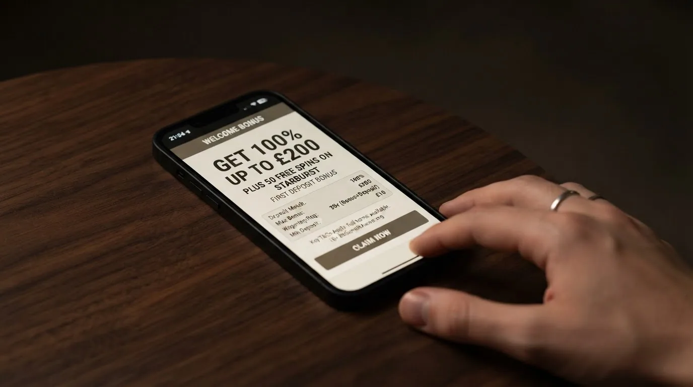 Un primer plano de un iPhone mostrando la pantalla de bienvenida de un casino con el texto del bono destacado — porcentaje, importe máximo y condiciones en letra pequeña