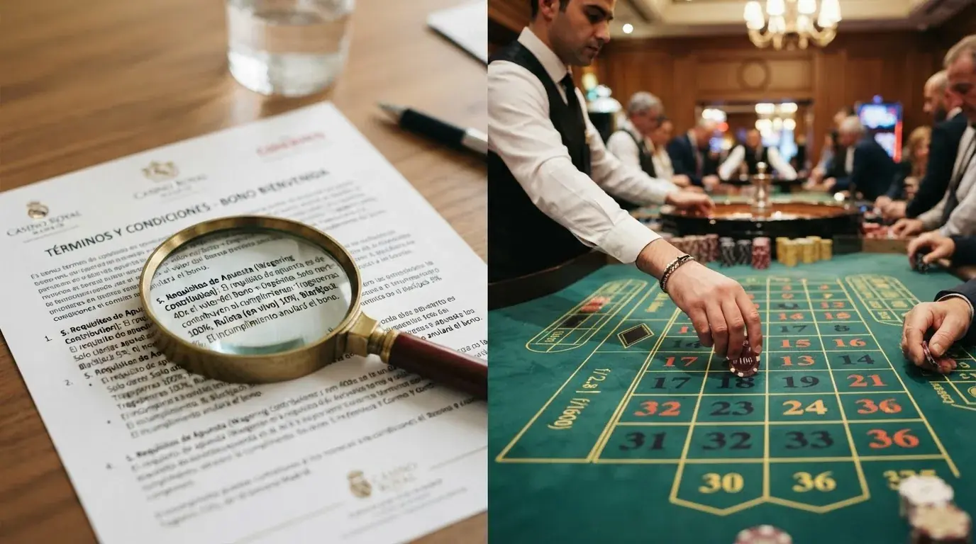 Pantalla dividida con los términos de un bono de bienvenida a la izquierda y una mesa de ruleta en vivo a la derecha, con una lupa sobre la cláusula de contribución al wagering.