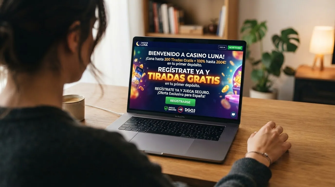 Pantalla de promoción de bienvenida de un casino online español con una oferta de tiradas gratis