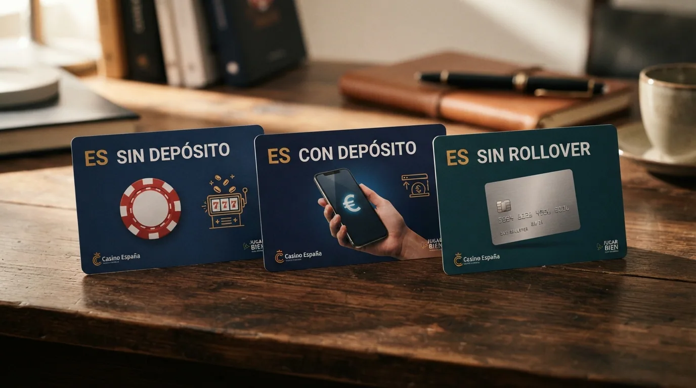Tres tarjetas de bono alineadas: una con la etiqueta «sin depósito», otra con «con depósito» y una tercera con «sin rollover», cada una con un icono representativo.
