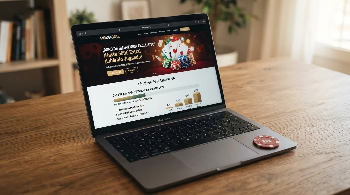 Pantalla de promoción de bienvenida de un casino de poker online español mostrando condiciones de bono y liberación por tramos