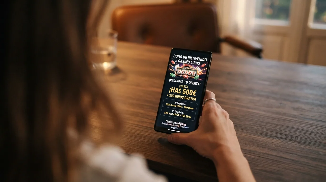Pantalla promocional de un bono de bienvenida de casino online español con el desglose del importe del bono, las tiradas gratis incluidas y las condiciones de rollover en letra pequeña