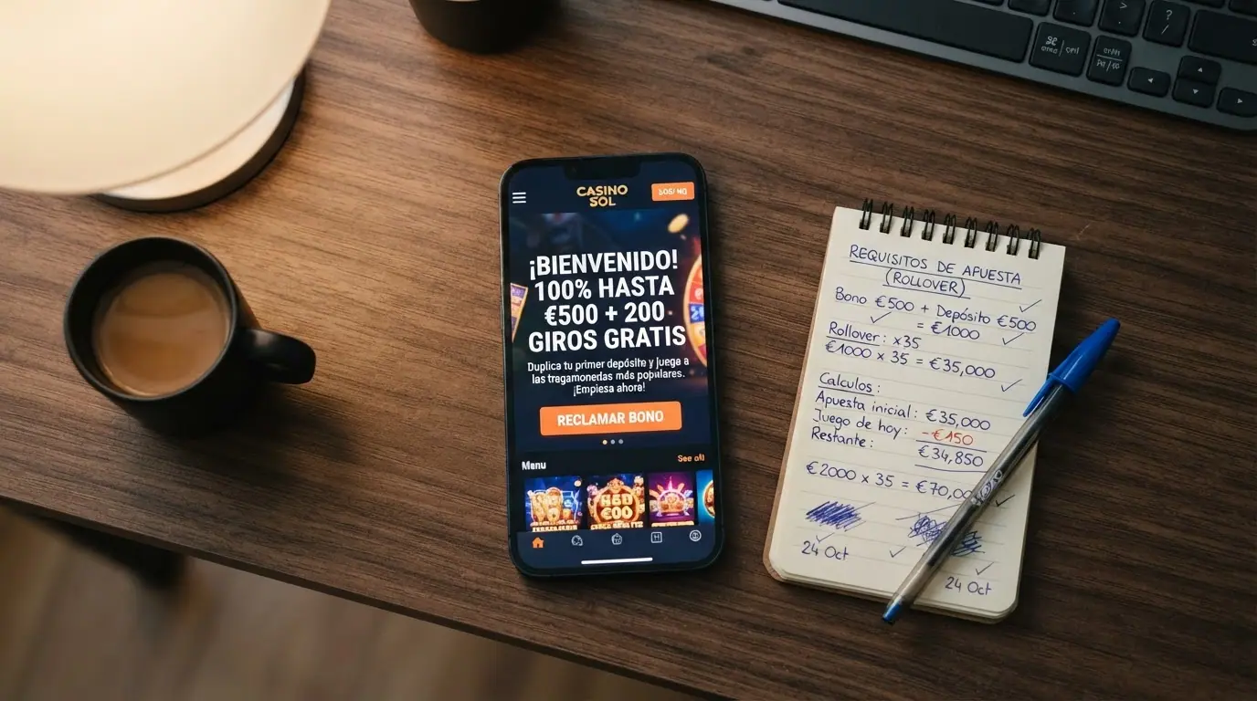 Un teléfono móvil mostrando la pantalla de bienvenida de un casino online con la oferta de bono destacada, junto a un bloc con anotaciones de rollover y plazos