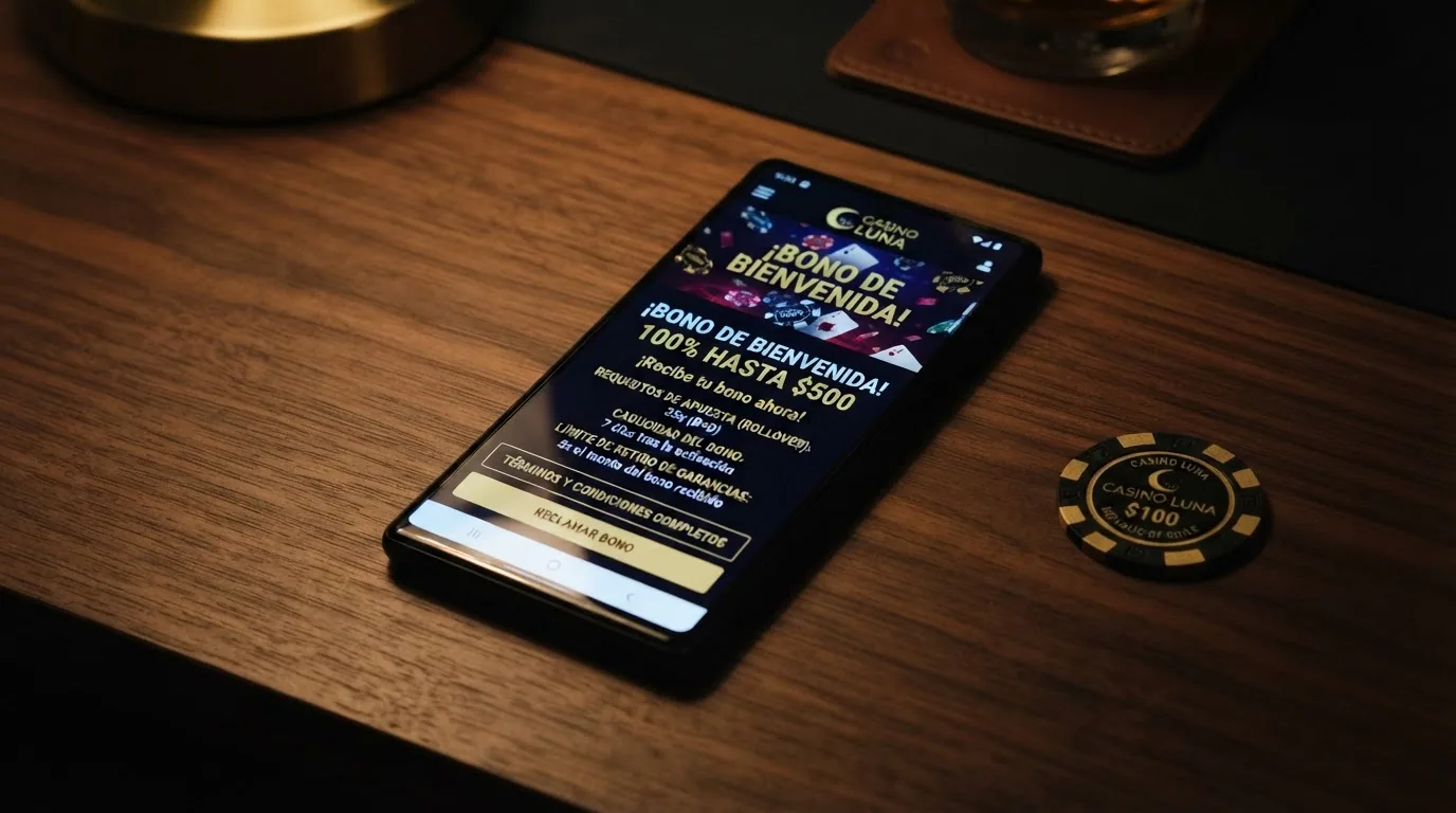 Pantalla de promoción de bono de bienvenida en un casino Android con las condiciones de rollover, plazo de caducidad y límite de retiro destacadas en la letra pequeña