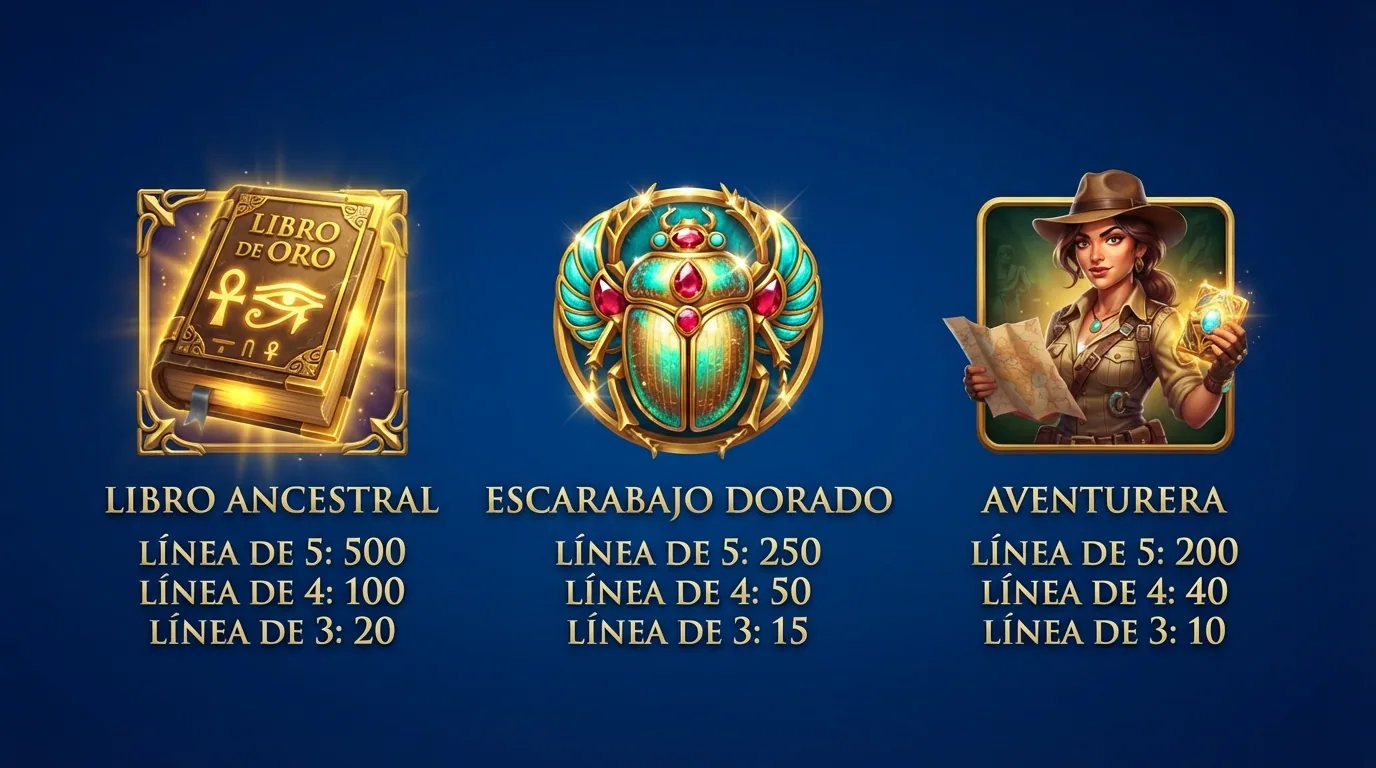Tabla de pagos de Book of Dead con los símbolos de mayor valor, el libro como scatter y comodín, y la animación del símbolo expansivo cubriendo un carrete completo durante las tiradas gratis