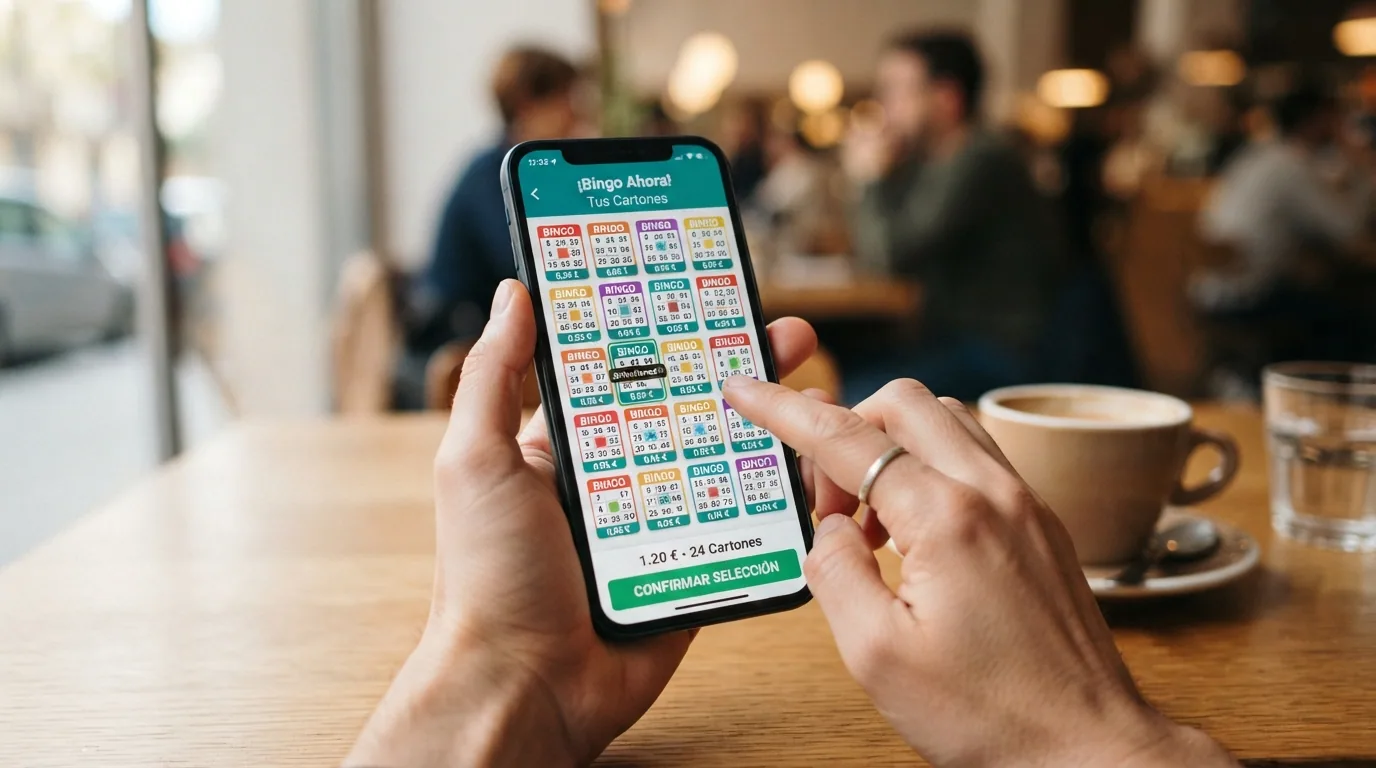 Mano de un jugador seleccionando cartones virtuales en la pantalla de un bingo online, con el contador de cartones y el coste de la partida visibles