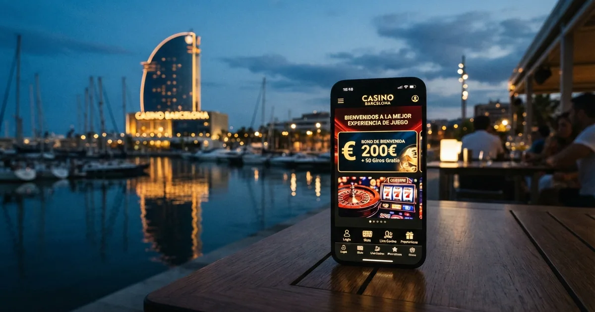 Fachada nocturna del Casino Barcelona en el Port Olímpic con la pantalla de inicio de la plataforma online superpuesta en un dispositivo