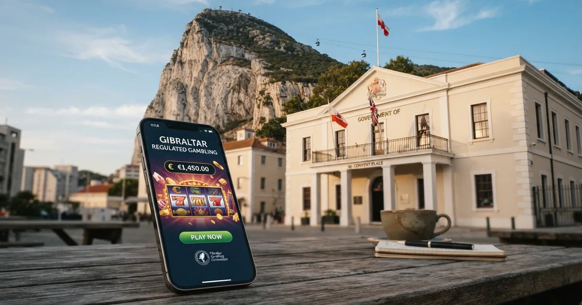Fachada del edificio gubernamental de la Gambling Division en Gibraltar, con el Peñón al fondo