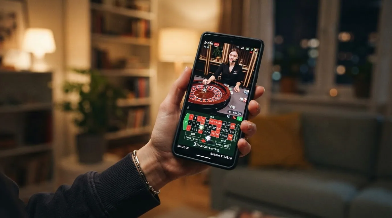 Ruleta en vivo transmitida por streaming en la pantalla de un móvil Android con el crupier real visible y la interfaz de apuestas superpuesta
