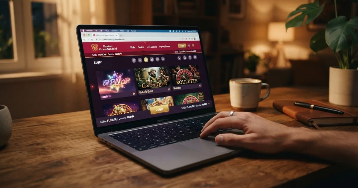 Interfaz de Casino Gran Madrid Online en un ordenador portátil mostrando el vestíbulo de juegos y el dominio .es en la barra de navegación