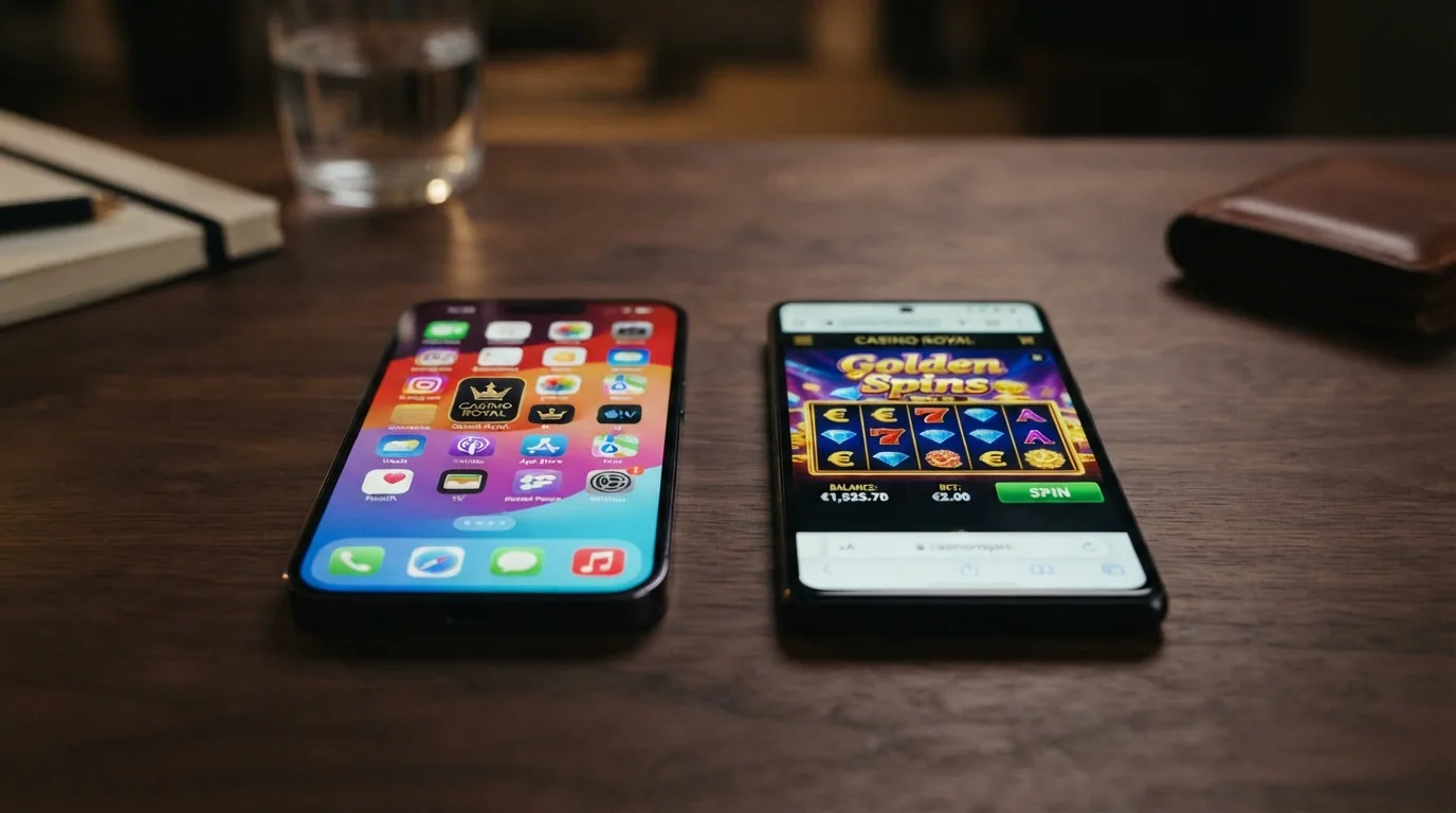 Dos móviles uno al lado del otro: el izquierdo con una app de casino abierta en el icono del escritorio, el derecho con el mismo casino en el navegador