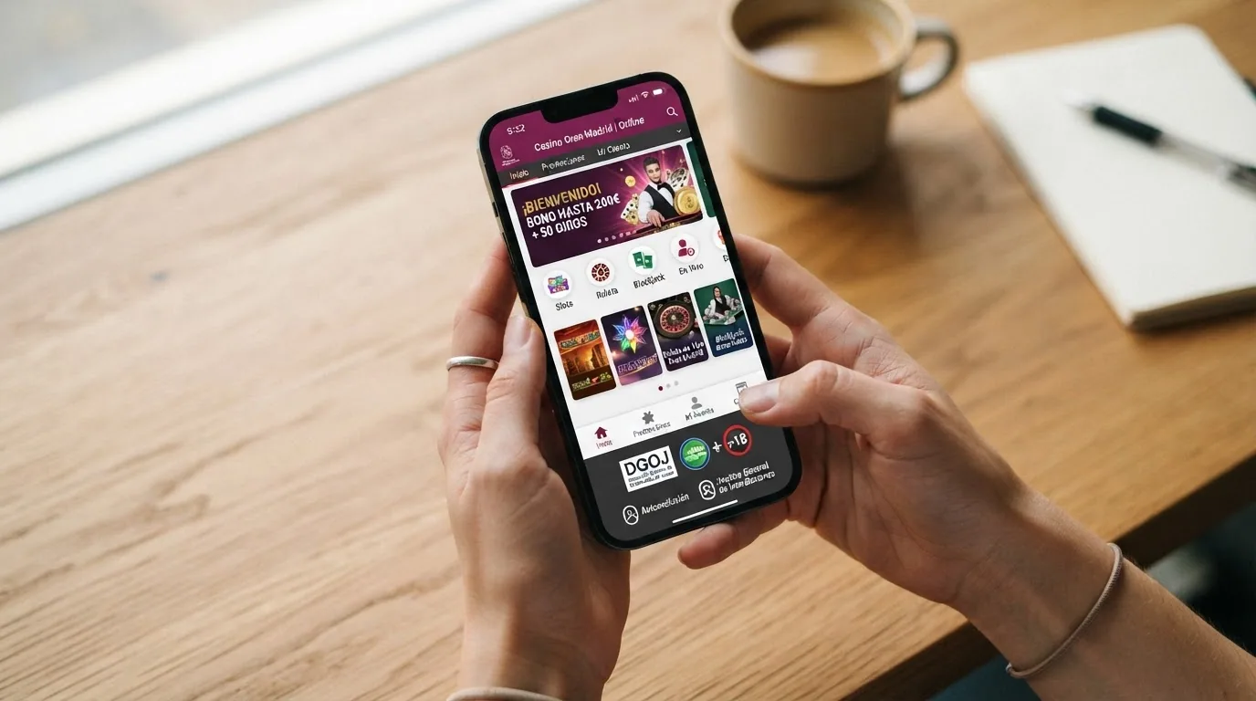 Teléfono móvil mostrando la interfaz de un casino online con licencia DGOJ adaptada a pantalla táctil