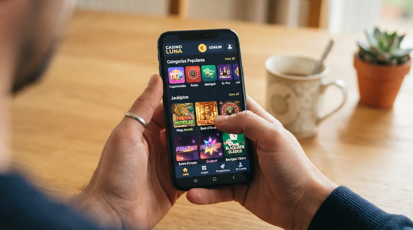 Mano sosteniendo un teléfono móvil con la interfaz de un casino online abierta, mostrando el lobby de juegos adaptado a pantalla vertical