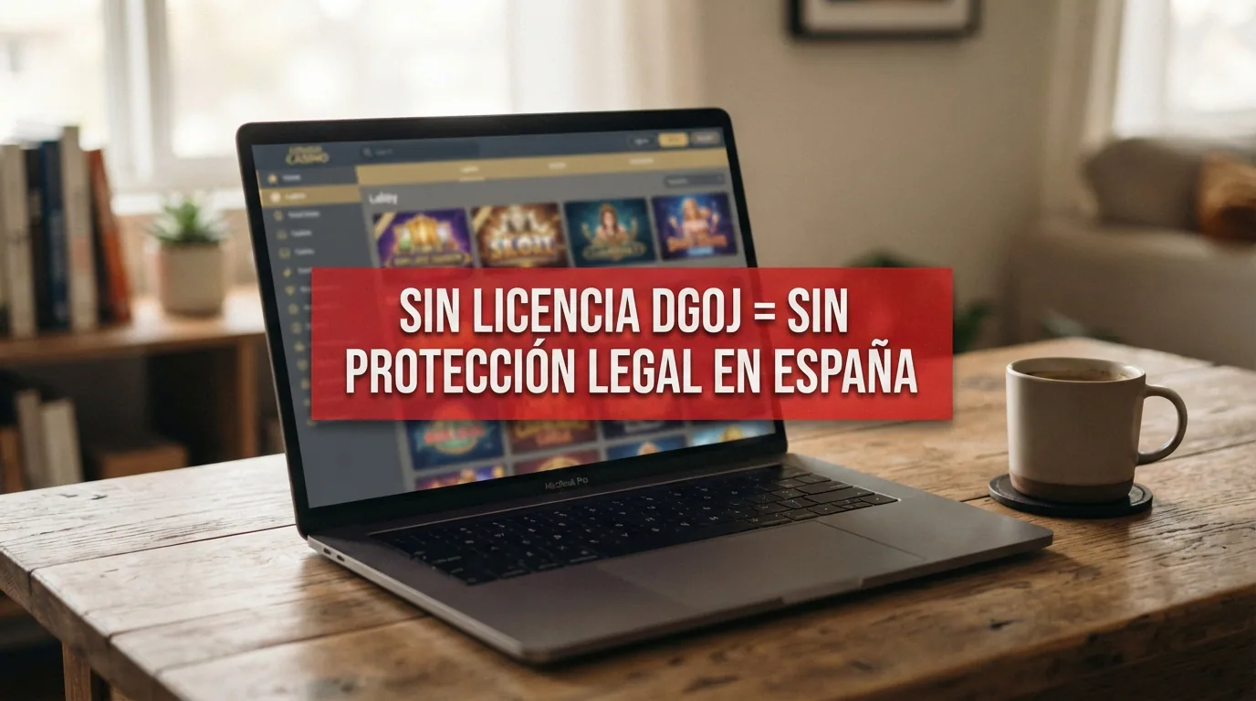 Pantalla de un portal de casino sin licencia con un mensaje de advertencia superpuesto: «Sin licencia DGOJ = sin protección legal en España».