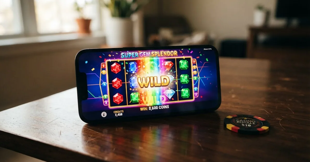 Pantalla del juego Starburst de NetEnt con sus símbolos de gemas de colores, el comodín expansivo arcoíris y los rodillos iluminados