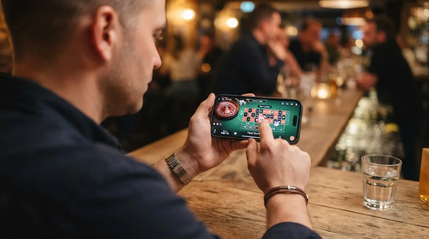 Teléfono móvil en posición horizontal mostrando una mesa de ruleta en vivo con la interfaz de apuestas adaptada a la pantalla táctil.