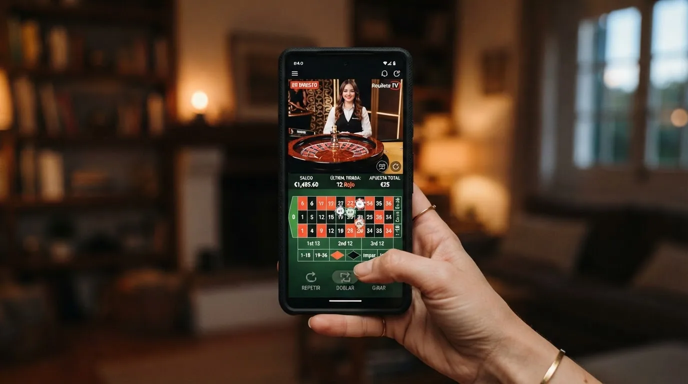 Mano sosteniendo un teléfono móvil en vertical con una mesa de ruleta en vivo en pantalla y la interfaz de apuestas adaptada al formato táctil