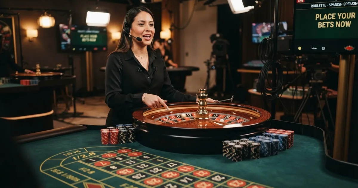 Mesa de ruleta con crupier real transmitiendo en directo desde un estudio profesional con iluminación cálida y ángulos de cámara múltiples.