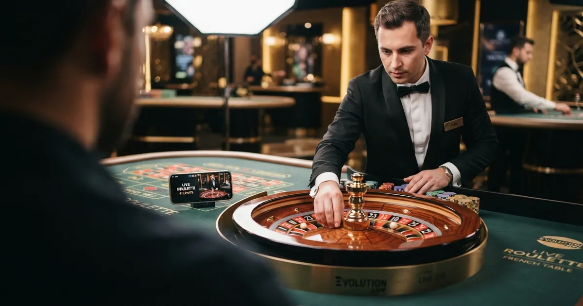 Crupier de ruleta en vivo frente a una mesa con rueda y tapete, retransmitiendo en streaming desde un estudio de casino