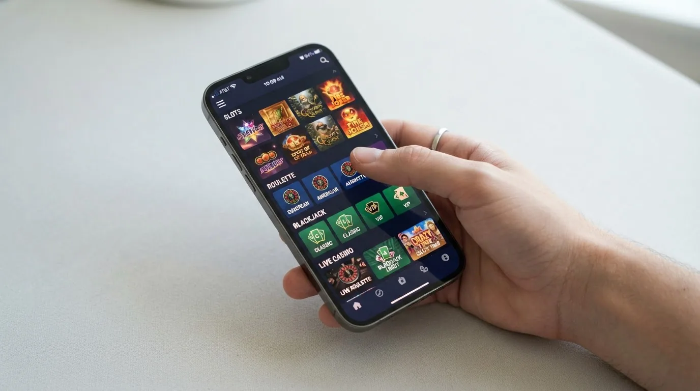 Una cuadrícula de carátulas de slots, ruleta y blackjack en la pantalla de un iPhone en orientación vertical, con el menú de categorías de un casino real