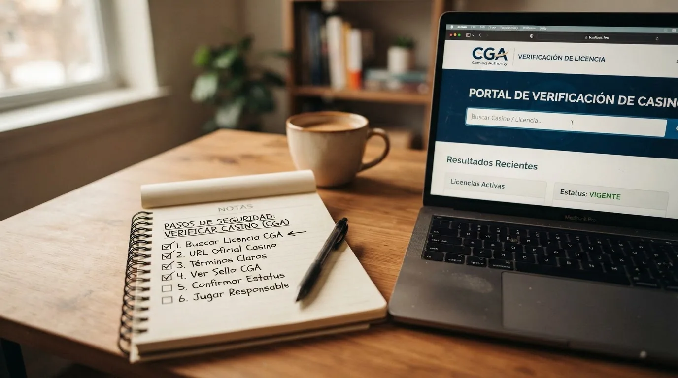 Lista de verificación manuscrita con seis casillas, cinco de ellas marcadas, junto a un portátil abierto en el registro el registro de la CGA de Curazao