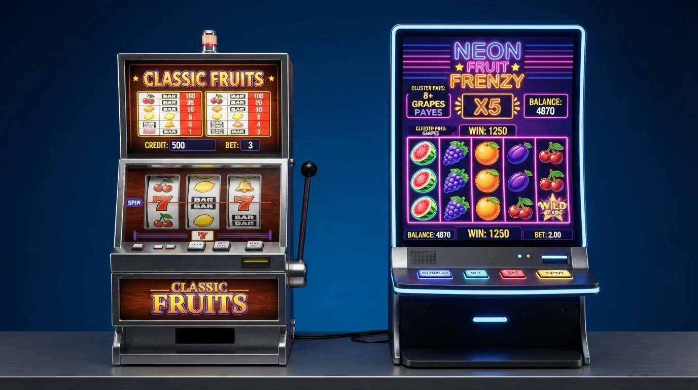 Dos tragaperras de frutas en pantalla dividida: una de 3 rodillos con símbolos BAR y 7 junto a una video slot de 5 rodillos con animaciones y multiplicadores