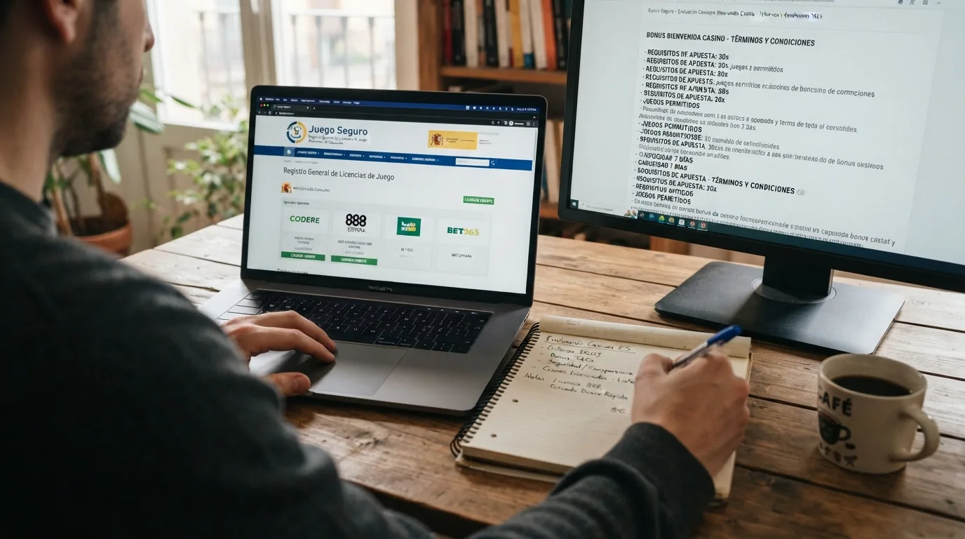 Escritorio con el registro de la DGOJ abierto en una pantalla, las fichas de condiciones de bono de varios operadores en otra, y un cuaderno con anotaciones de criterios de evaluación.
