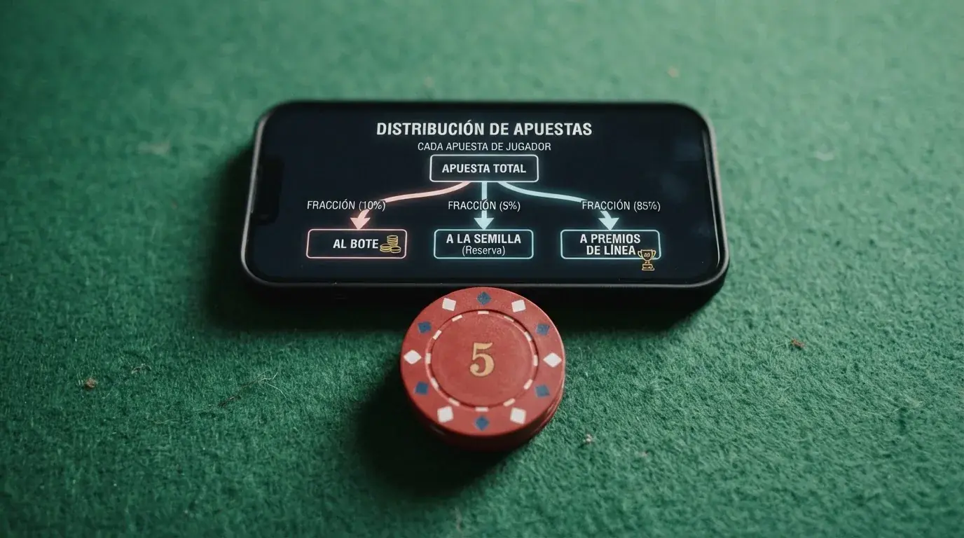 Diagrama visual simplificado que muestra el flujo de cada apuesta: una fracción va al bote, otra al seed de reposición tras el pago y el resto a premios de línea