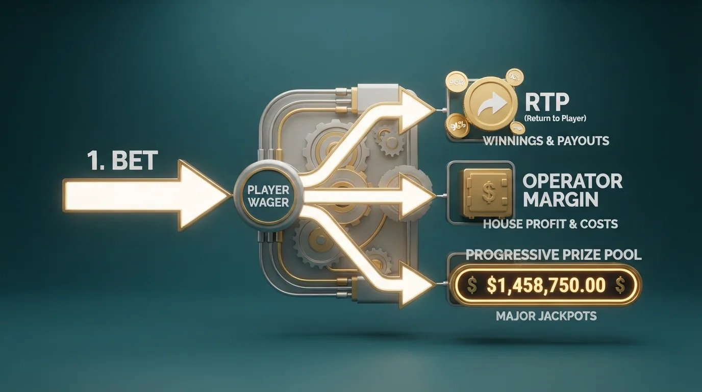 Diagrama simplificado que muestra el flujo de una apuesta en una tragaperras con jackpot: una parte va al bote, otra al operador y otra al RTP del juego