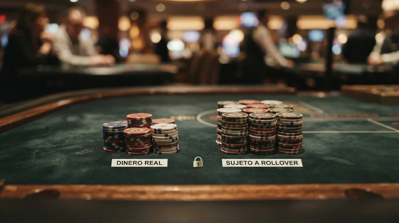 Ilustración con dos montones de fichas de casino: uno pequeño con la etiqueta «dinero real» y otro grande con la etiqueta «sujeto a rollover» separados por un candado