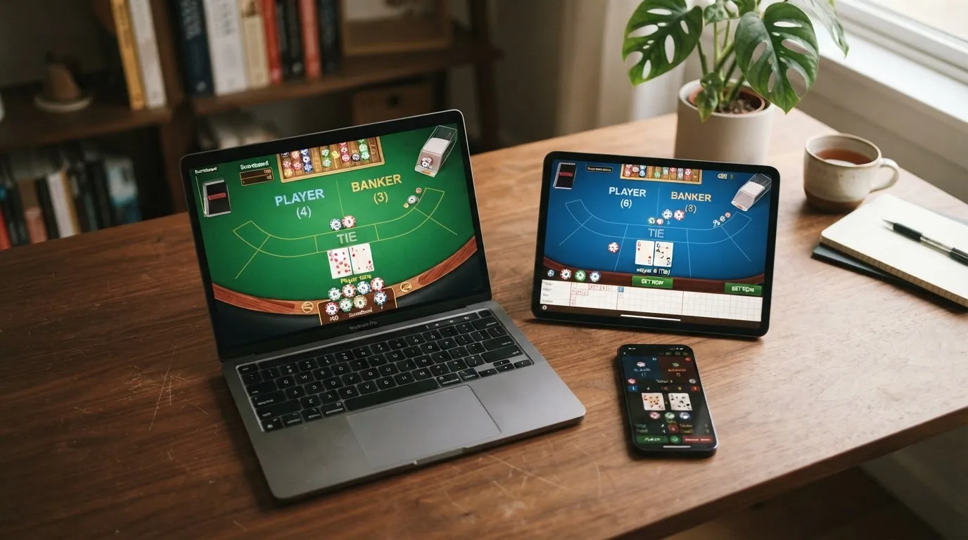 Pantalla dividida con las interfaces de varios casinos online españoles mostrando sus mesas de baccarat