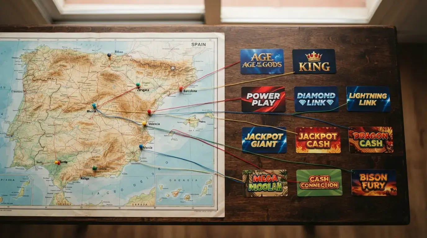 Un mapa de España con 10 pines que representan los operadores comparados, cada uno conectado al logotipo de las redes de jackpot que ofrece (Age of the Gods, Jackpot King, Power Play y Diamond Link)
