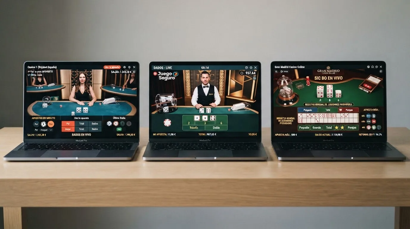 Pantalla dividida con las interfaces de tres casinos online españoles mostrando su sección de juegos de dados en vivo